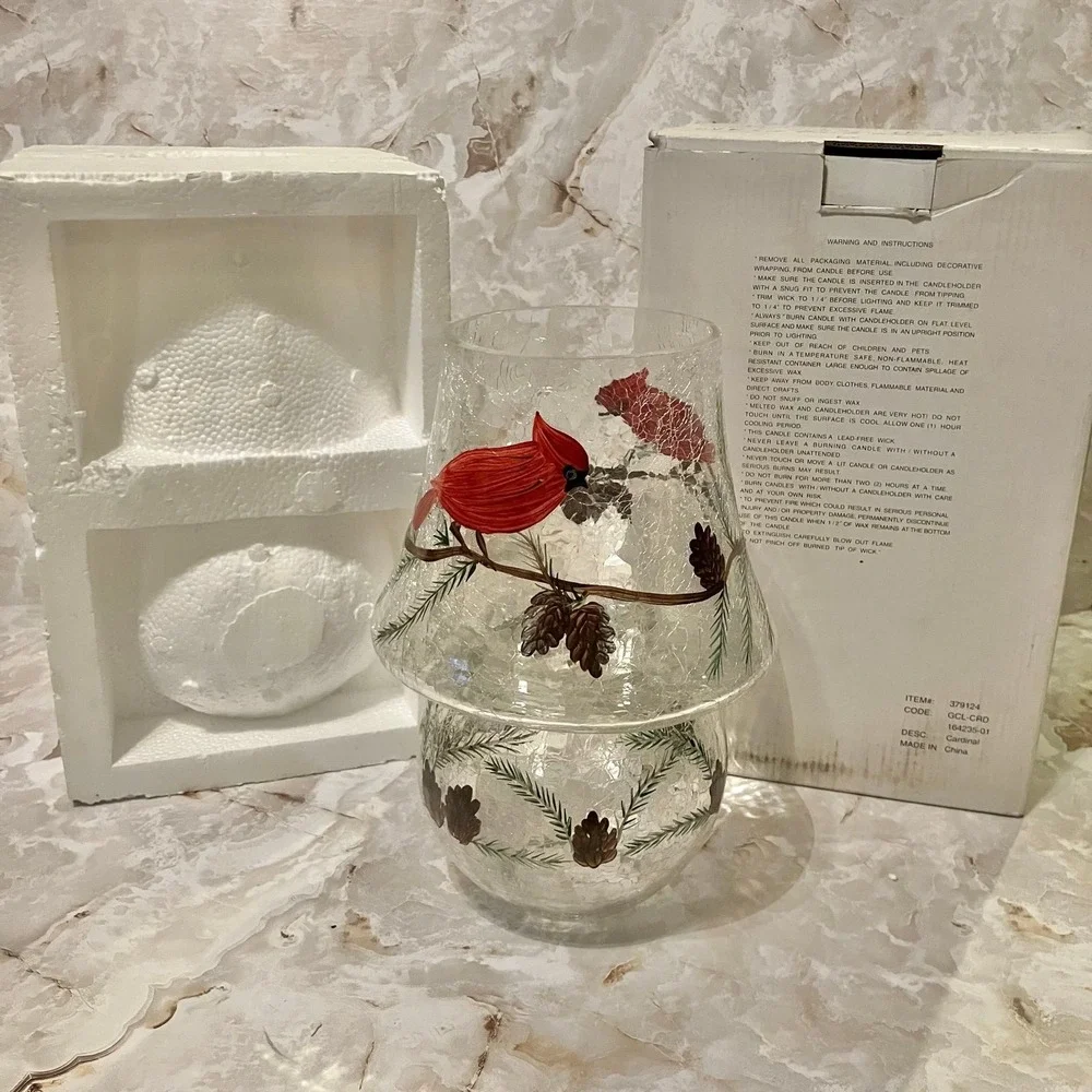 Yankee Candle Crackle Glass Cardinal Lamp Set Votive Holder Hurricane Shade